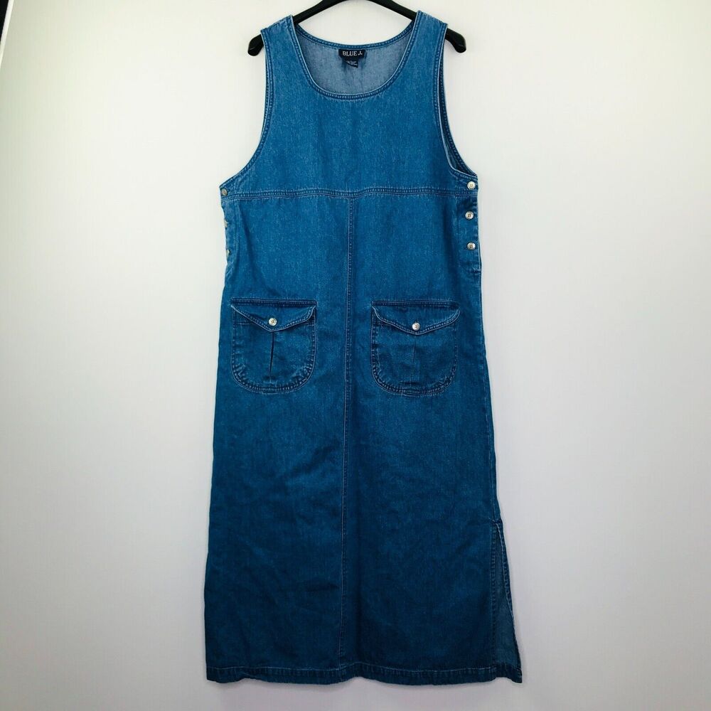 Blue J Large Dress Blue Denim Pocket Front Overall Maxi Jumper Modest H